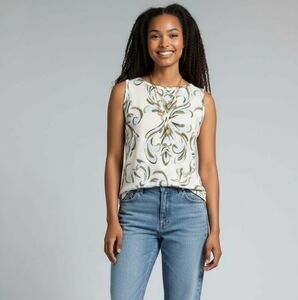 Vince Camuto White and Olive Patterned Tank Top